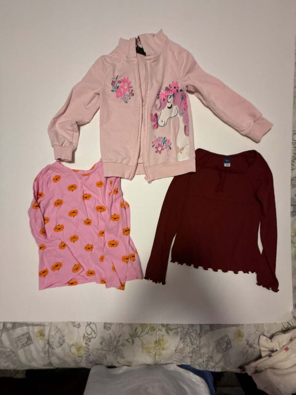 Girls 3-Piece Clothing Bundle: Pink Unicorn Full-Zip Hoodie, Pink Pumpkin Long S